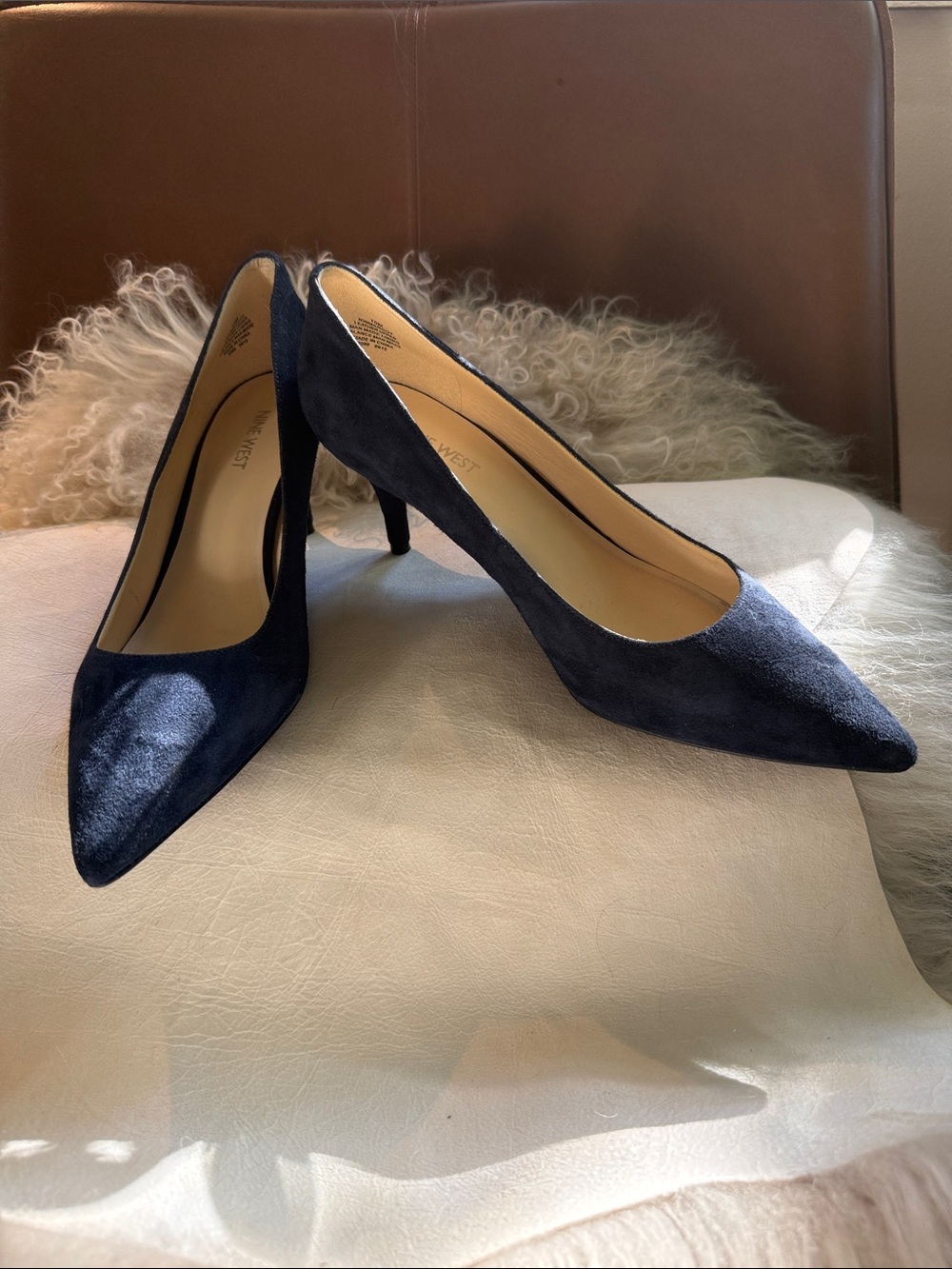 Nine West Navy Suede Pointed-Toe Kitten Heels